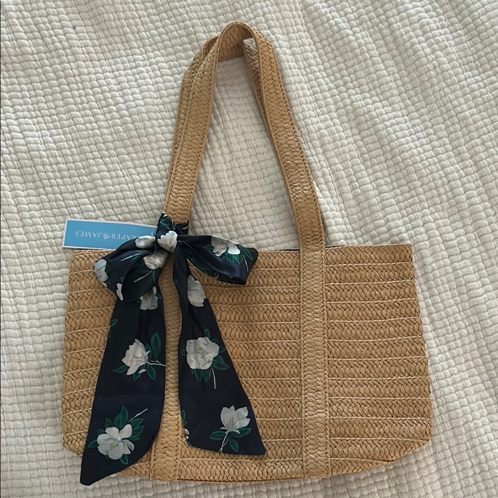 Draper James tan woven tote bag with navy floral scarf
